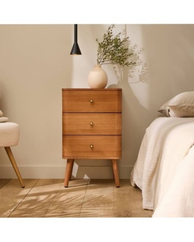 Chevet 3 tiroirs avec bords arrondis et placage bois h71 cm