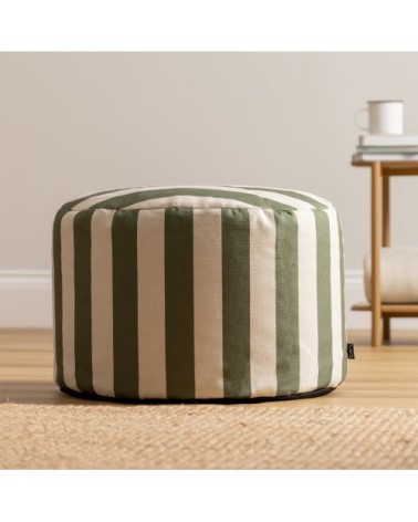 Pouf repose-pieds rond en tissu imprimé rayures vert olive