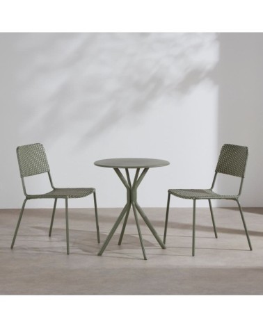 Ensemble table et 2 chaises de jardin en acier et résine tressée verte