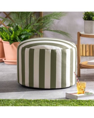 Pouf repose-pieds rond en tissu imprimé rayures vert olive
