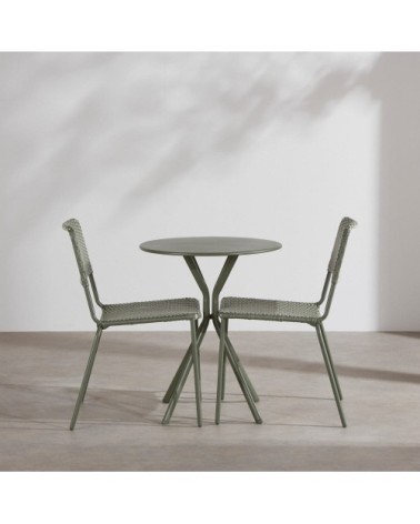 Ensemble table et 2 chaises de jardin en acier et résine tressée verte