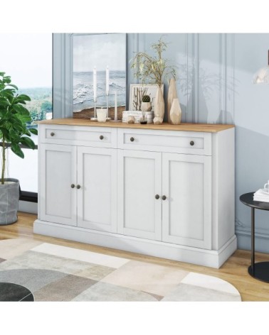 Buffet blanc et chêne avec 4 portes et 2 tiroirs