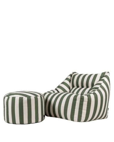 Pouf fauteuil et repose-pieds rond en tissu tissé rayé vert olive