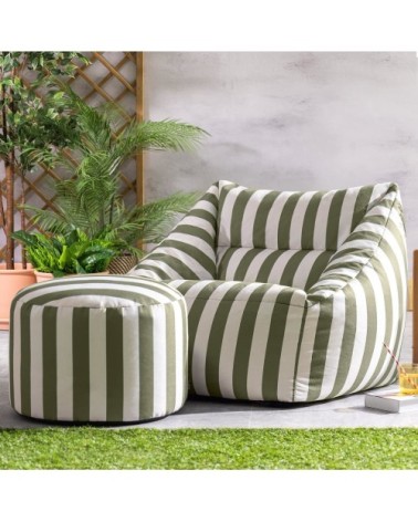 Pouf fauteuil et repose-pieds rond en tissu tissé rayé vert olive
