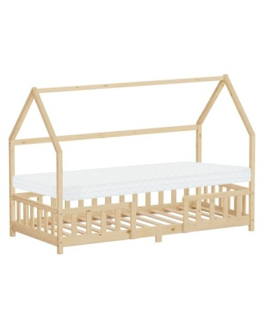 Lit cabane enfant simple 90x200cm en bois naturel beige matelas H10cm