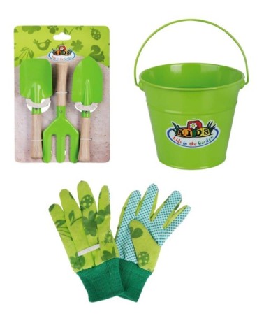 Kit petit jardinier accessoires pour enfant en métal seau + gants + pe
