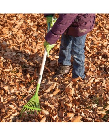 Râteau à feuilles en zinc vert et bois pour enfant