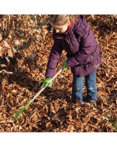 Râteau à feuilles en zinc vert et bois pour enfant