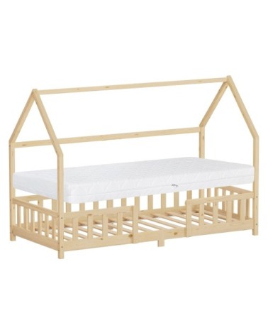Lit cabane enfant simple 90x200cm en bois naturel beige matelas H16cm