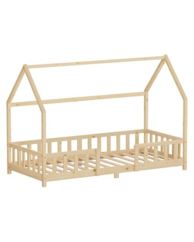 Lit cabane enfant simple 90x200 cm en bois naturel beige avec sommier