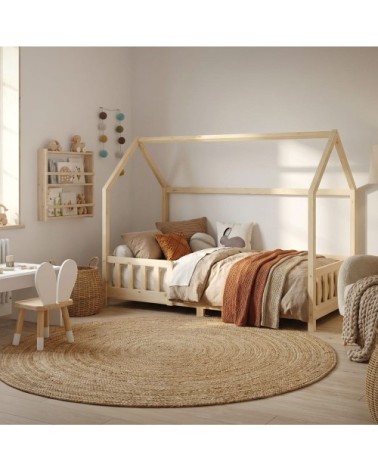 Lit cabane enfant simple 90x200 cm en bois naturel beige avec sommier