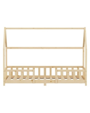 Lit cabane enfant simple 90x200 cm en bois naturel beige avec sommier