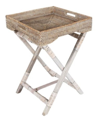 Plateau sur pied en rotin patiné blanc