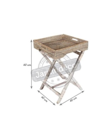 Plateau sur pied en rotin patiné blanc