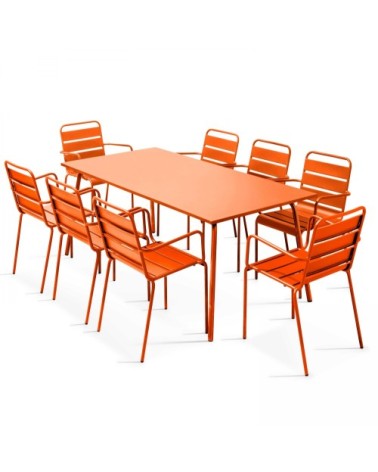 Ensemble table de jardin et 8 fauteuils en métal orange