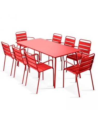 Ensemble table de jardin et 8 fauteuils en métal rouge