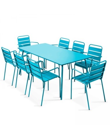 Ensemble table de jardin et 8 fauteuils en métal bleu