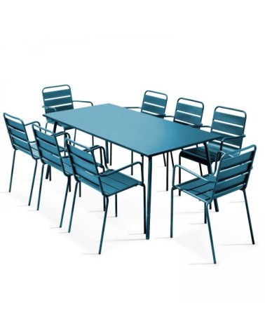 Ensemble table de jardin et 8 fauteuils en métal bleu pacific