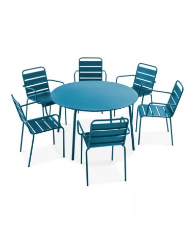 Ensemble table de jardin ronde et 6 fauteuils acier bleu pacific