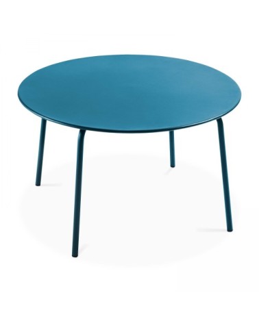 Ensemble table de jardin ronde et 6 fauteuils acier bleu pacific