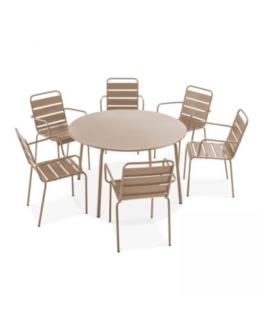 Ensemble table de jardin ronde et 6 fauteuils acier taupe