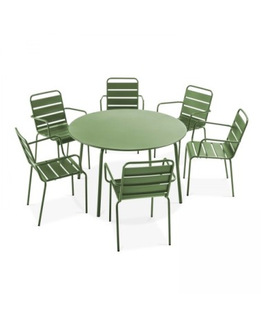 Ensemble table de jardin ronde et 6 fauteuils acier vert cactus