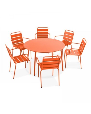 Ensemble table de jardin ronde et 6 fauteuils acier orange