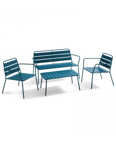 Salon de jardin 4 places et 1 table basse en acier bleu pacific