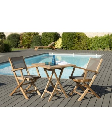 Table de jardin et chaises en teck et textilene 2 personnes