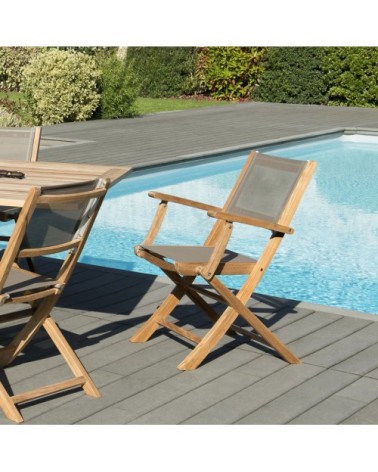 Table de jardin et chaises en teck et textilene 2 personnes