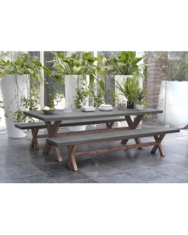 Table de jardin et chaises en fibre de beton et acacia 8 personnes