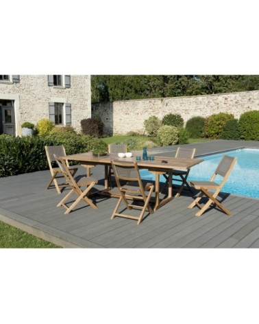 Table de jardin et chaises en teck et textilene 8/10 personnes