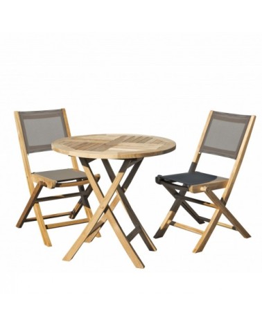 Table de jardin et chaises en teck et textilene 2 personnes