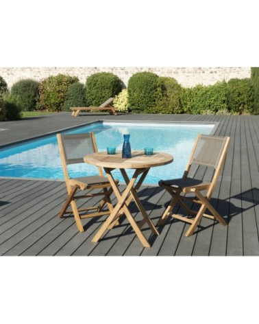 Table de jardin et chaises en teck et textilene 2 personnes