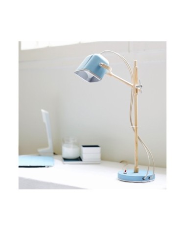 Lampe à poser bleue et bois H60cm