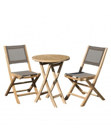 Table de jardin et chaises en teck et textilene 2 personnes