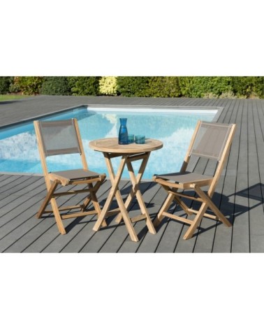 Table de jardin et chaises en teck et textilene 2 personnes