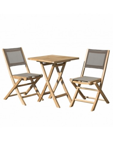 Table de jardin et chaises en teck et textilene 2 personnes