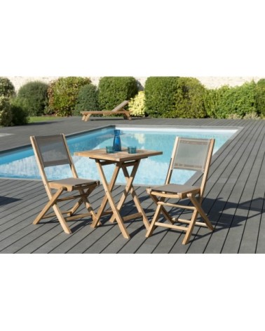 Table de jardin et chaises en teck et textilene 2 personnes