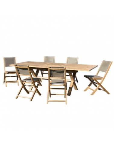 Table de jardin et chaises en teck et textilene 8/10 personnes