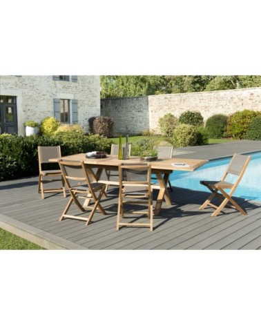 Table de jardin et chaises en teck et textilene 8/10 personnes