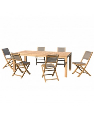 Table de jardin et chaises en teck et textilene taupe 6/8 personnes