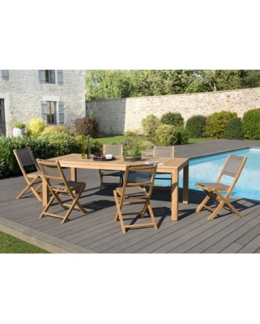 Table de jardin et chaises en teck et textilene taupe 6/8 personnes