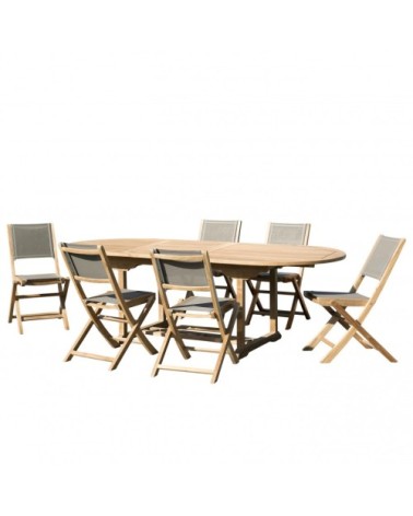 Table de jardin et chaises en teck et textilene 8/10 personnes