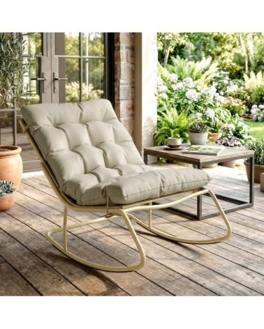 Fauteuil à bascule extérieur coussin moelleux acier textilène beige