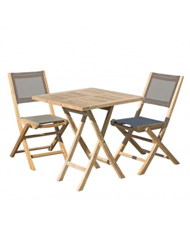 Table de jardin et chaises en teck et textilene 2 personnes