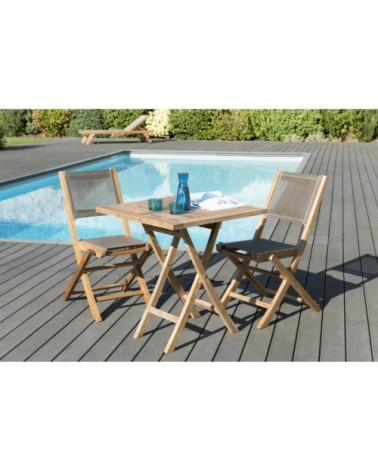 Table de jardin et chaises en teck et textilene 2 personnes