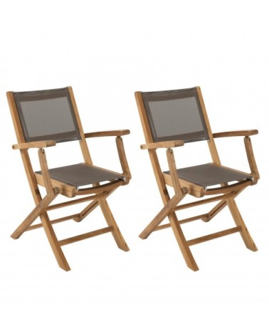 Lot de 2 fauteuils de jardin pliants teck et textilène taupe