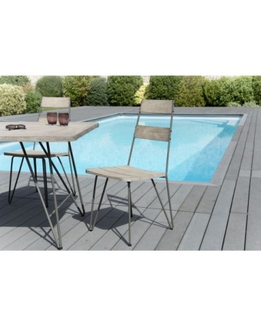 Ensemble de 2 chaises de jardin en teck teinté grisé + métal