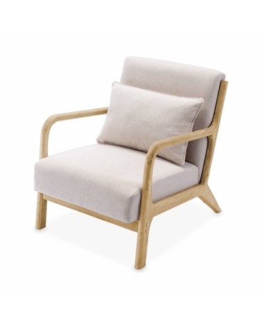 Fauteuil design beige en bois et tissu